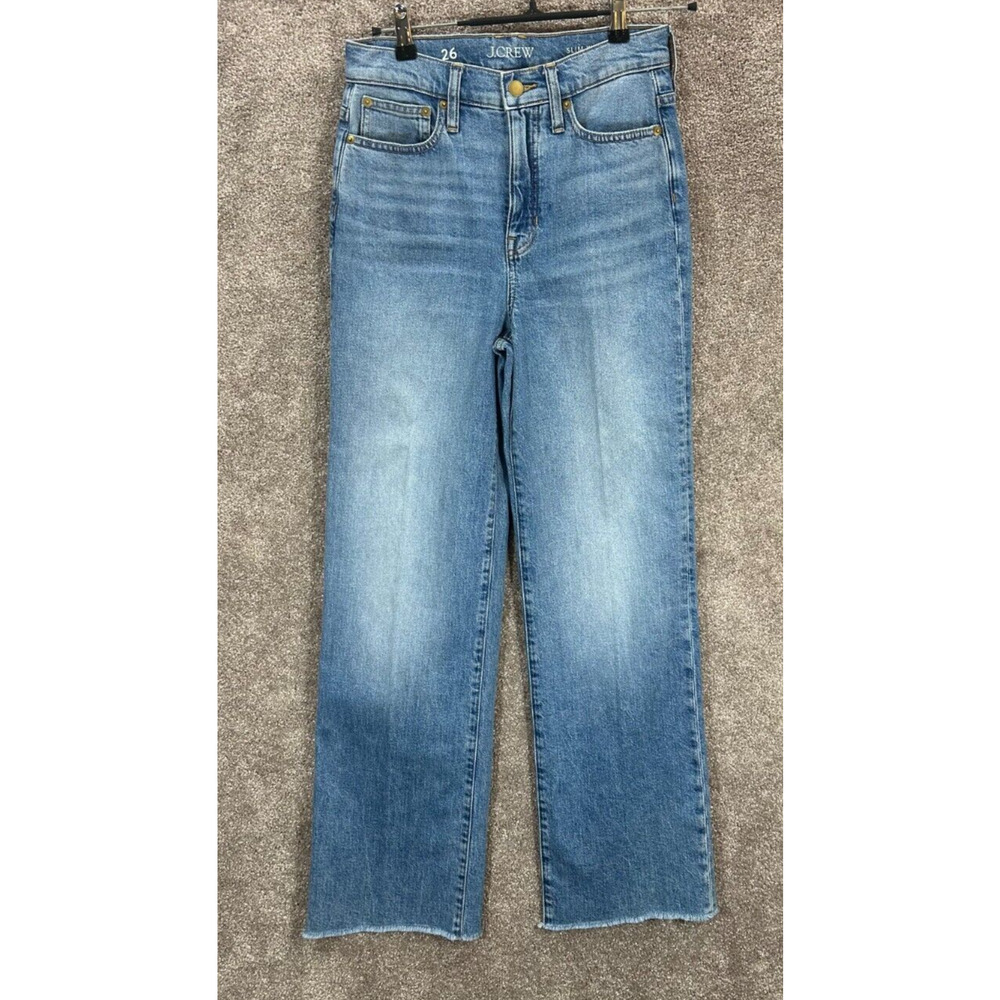 J Crew Jeans Womens 26 Blue Actual 27X31 Slim Wide Leg Hi Rise Raw Hem